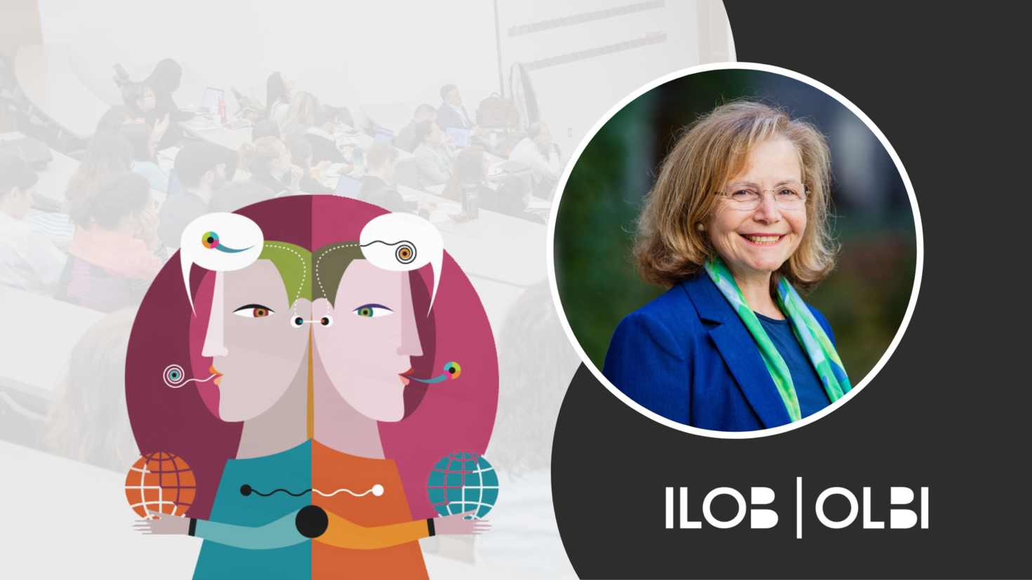 CCERBAL research forum banner. The CCERBAL logo, an illustration of two characters back to back with text bubbles containing abstract characters above their heads. An image of Laura Ambrosio. The ILOB logo in the bottom right corner. 
