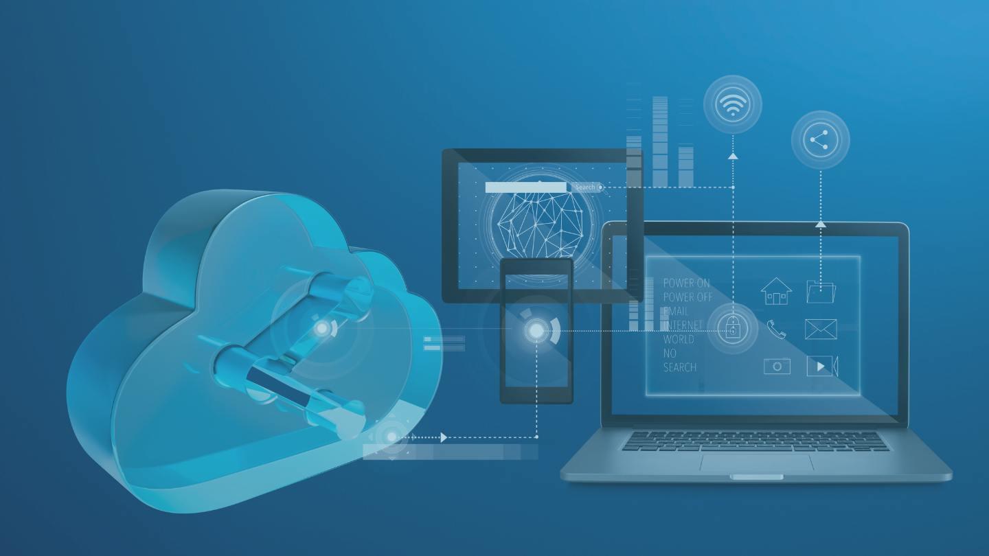 A representation of cloud technology pouring data to an illustration of 3 mobile devices on the blue background