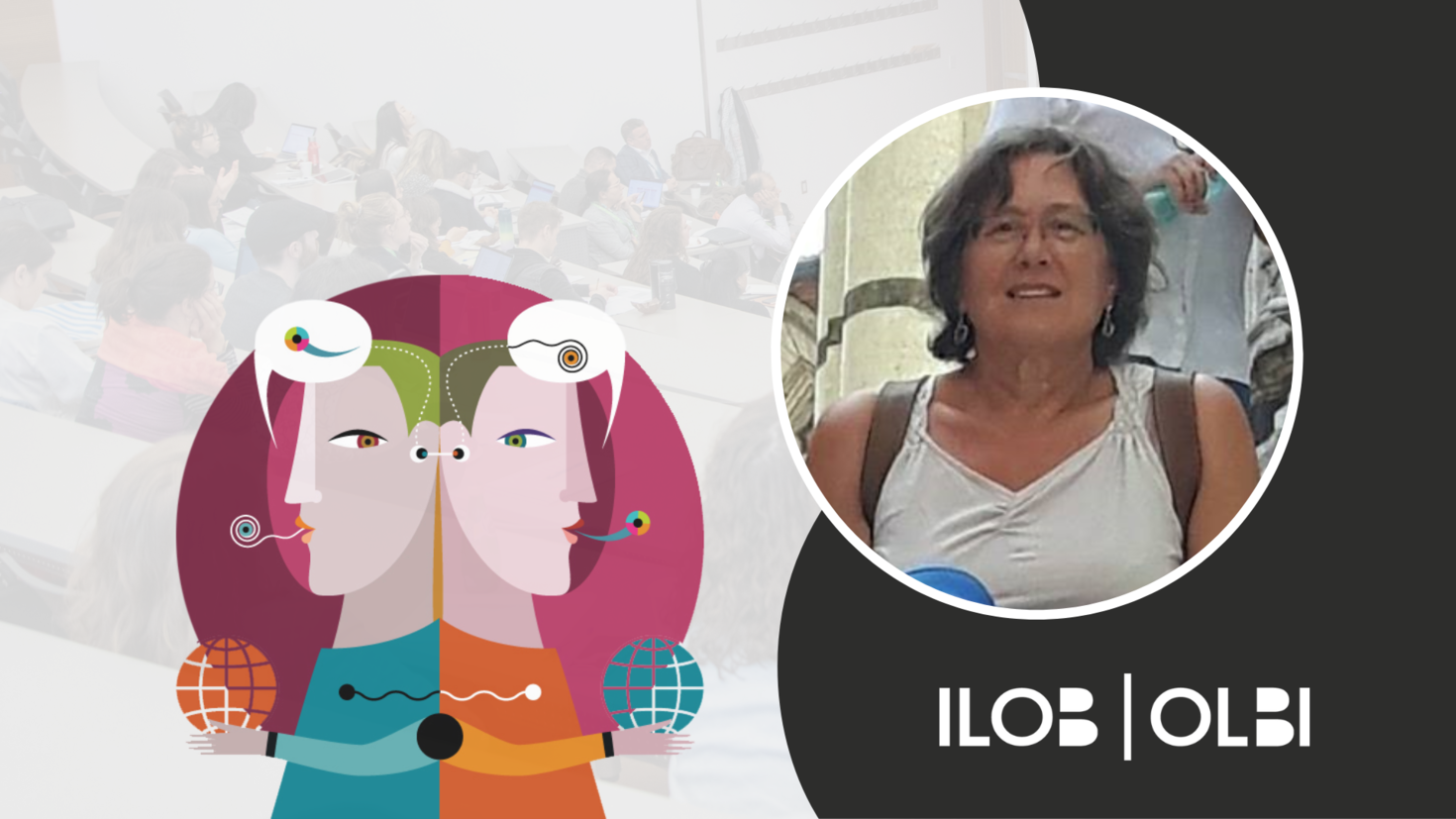 CCERBAL research forum banner. The CCERBAL logo, an illustration of two characters back to back with text bubbles containing abstract characters above their heads. An image of Dr. Elizabeth Kay. The ILOB logo in the bottom right corner.