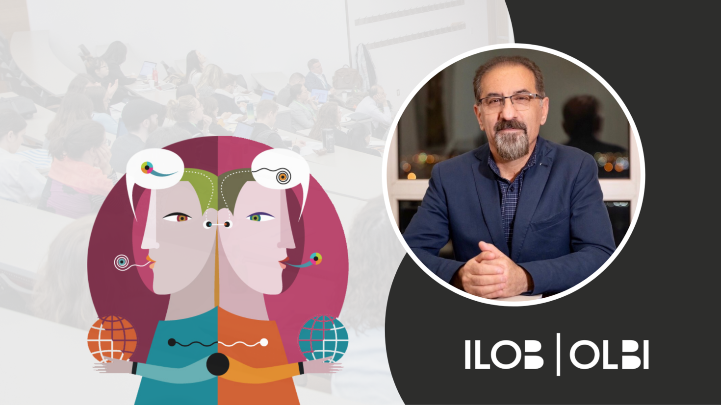 CCERBAL research forum banner. The CCERBAL logo, an illustration of two characters back to back with text bubbles containing abstract characters above their heads. An image of  Jaffer Sheyholislami .An image of  The ILOB logo in the bottom right corner. 