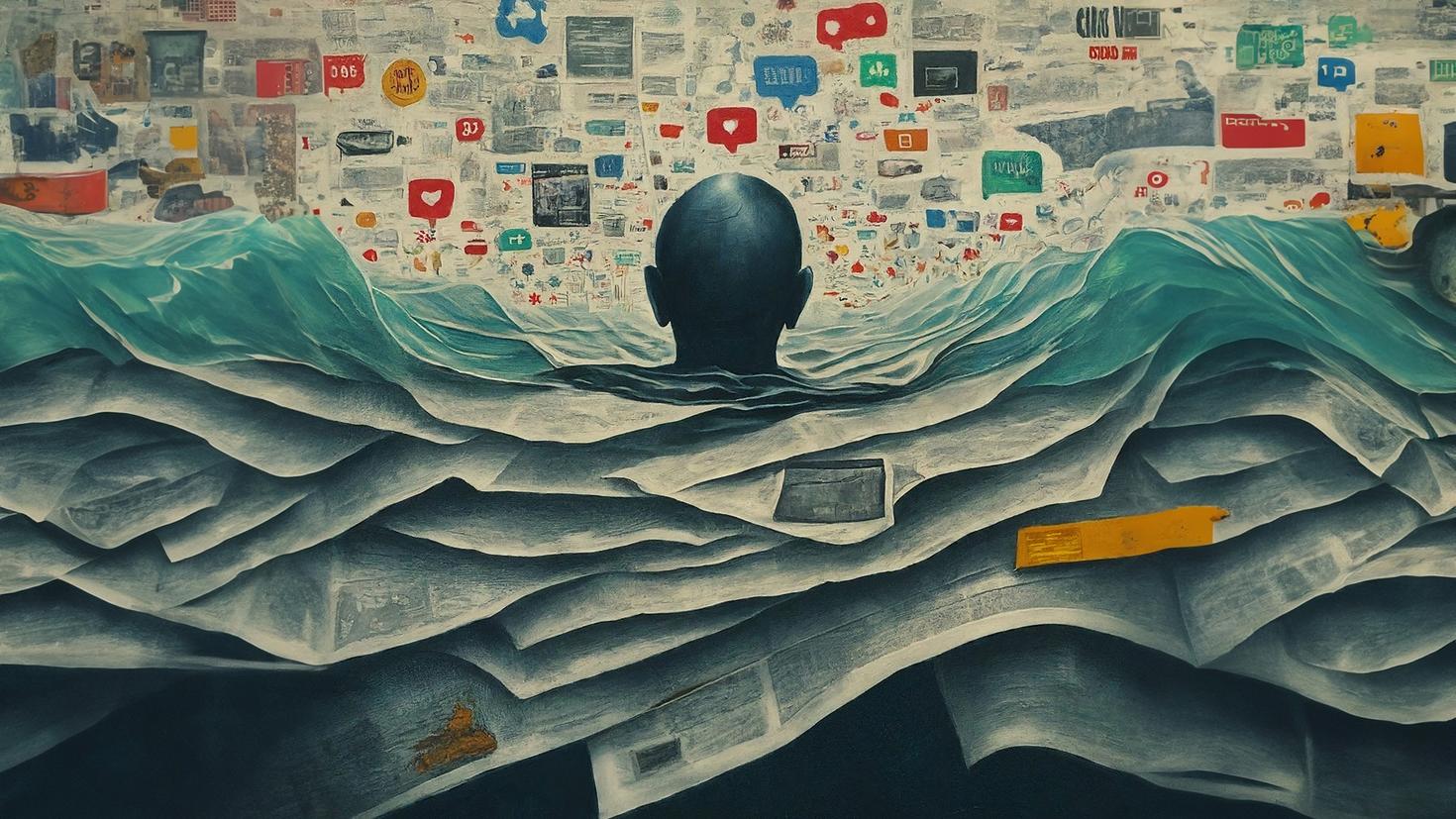 Illustration of a person drowning in a sea of information made of newspapers.