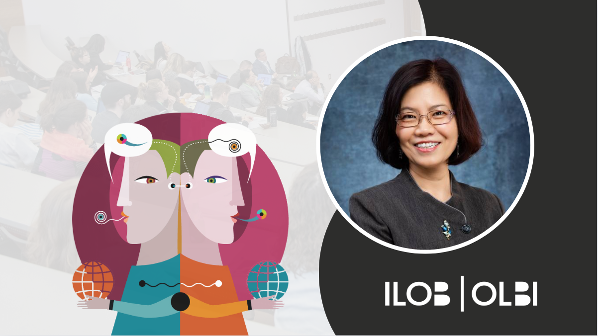 CCERBAL research forum banner. The CCERBAL logo, an illustration of two characters back to back with text bubbles containing abstract characters above their heads. An image of Liying Cheng. The ILOB logo in the bottom right corner.