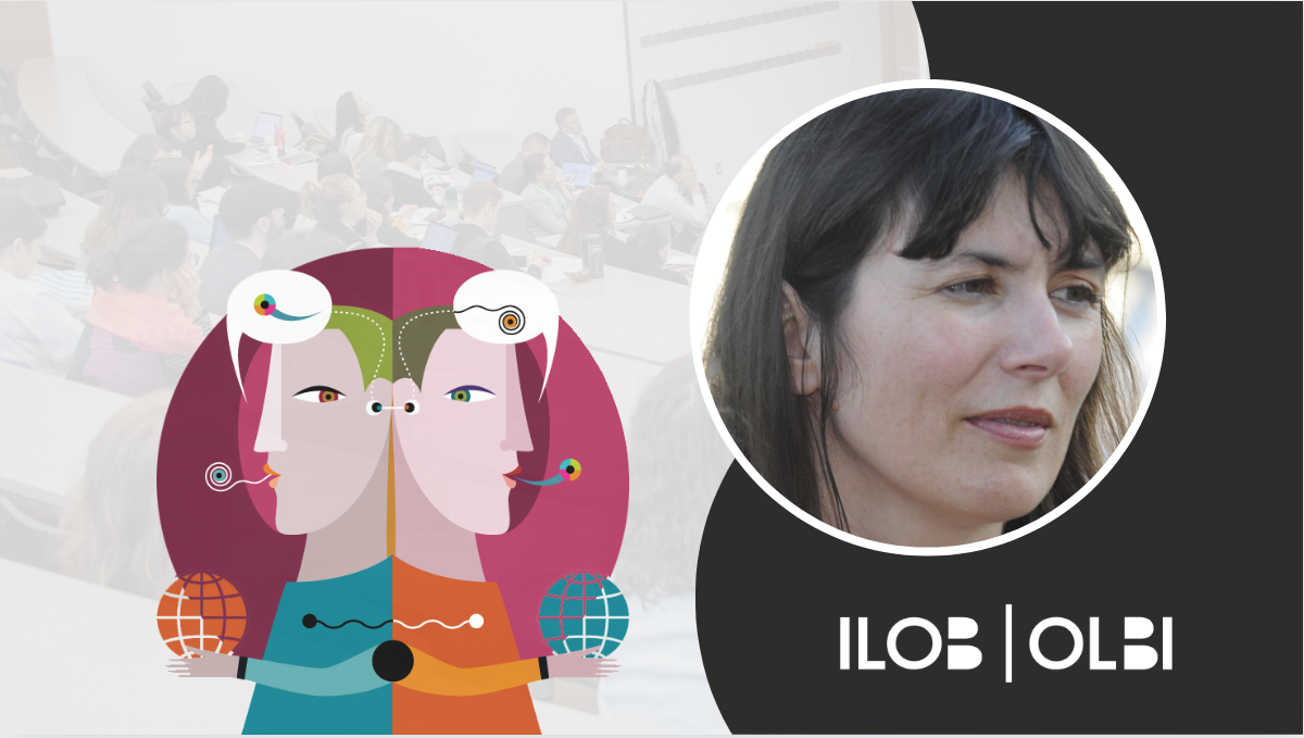 CCERBAL research forum banner. The CCERBAL logo, an illustration of two characters back to back with text bubbles containing abstract characters above their heads. An image of Nathalie Auger. The ILOB logo in the bottom right corner.