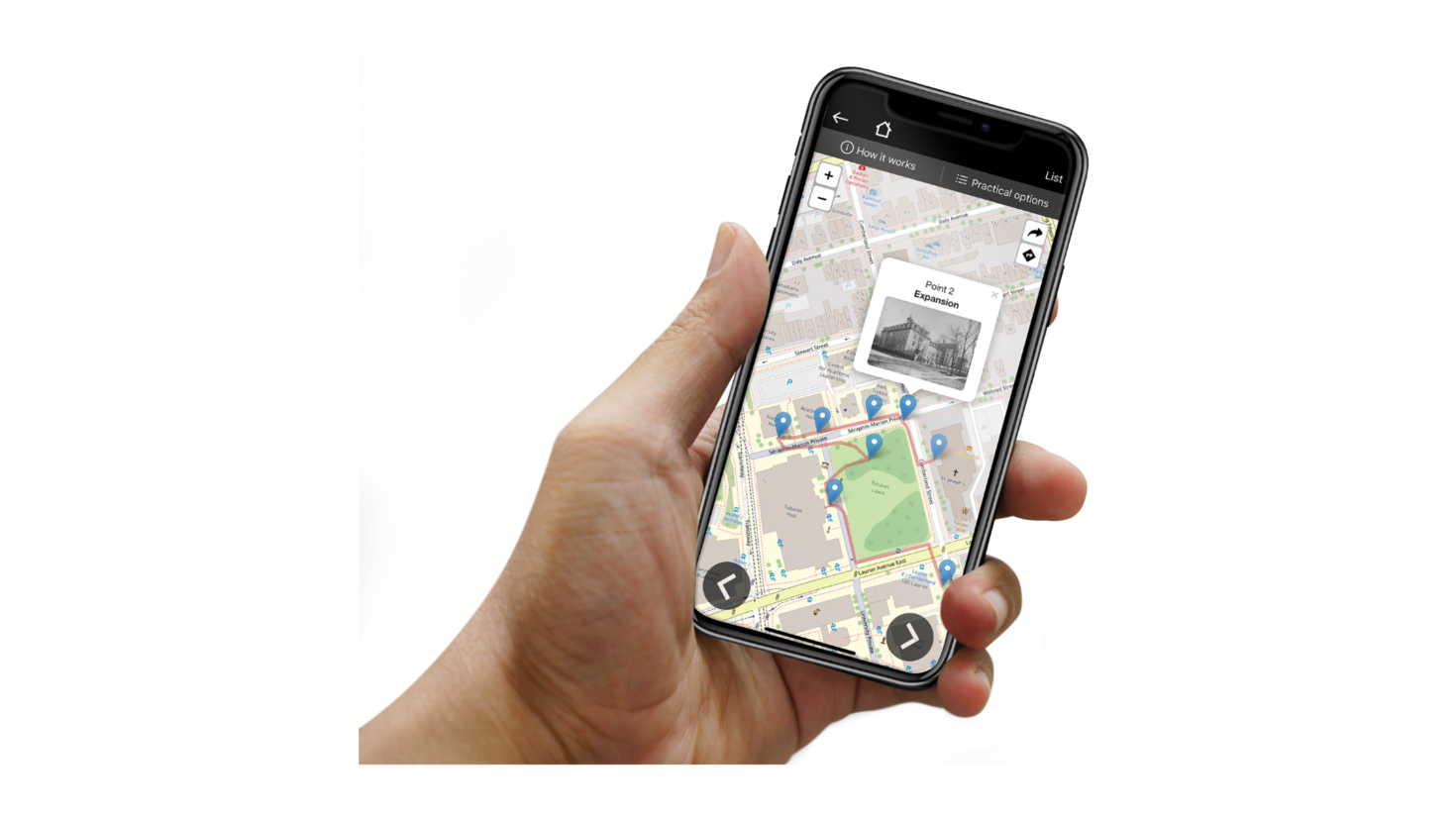 Map of the campus on a cellphone, with a red path to identify the campus historic tour.
