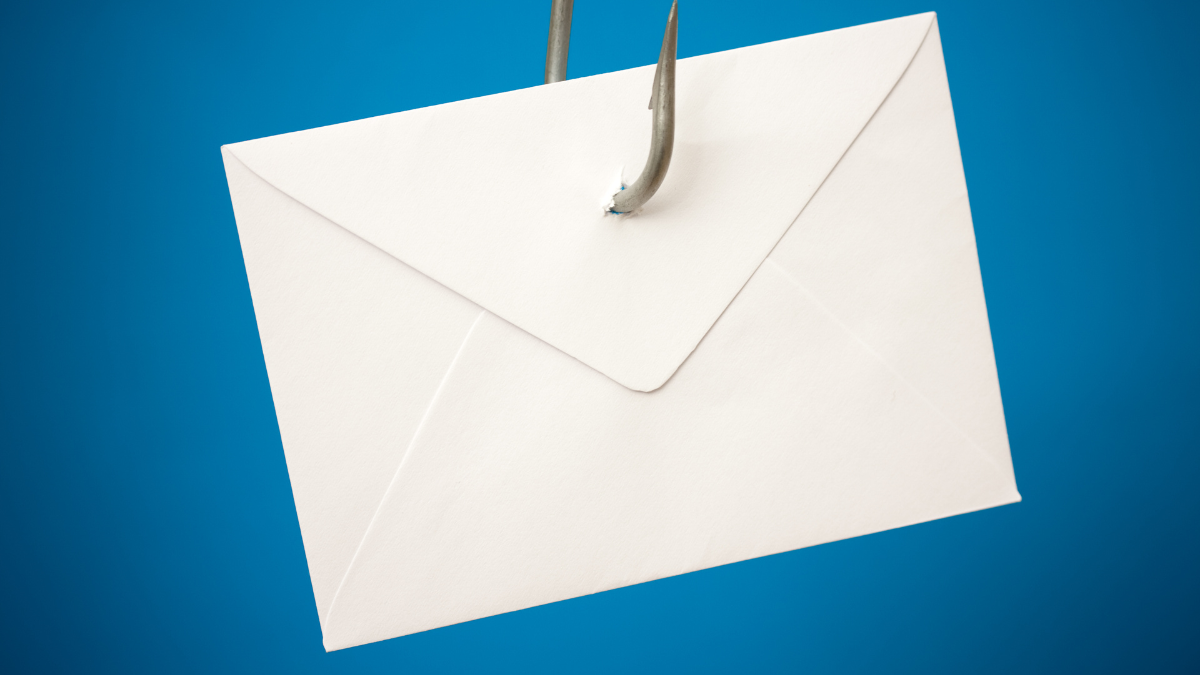 Mail envelope attached in a phishing hook on a blue background