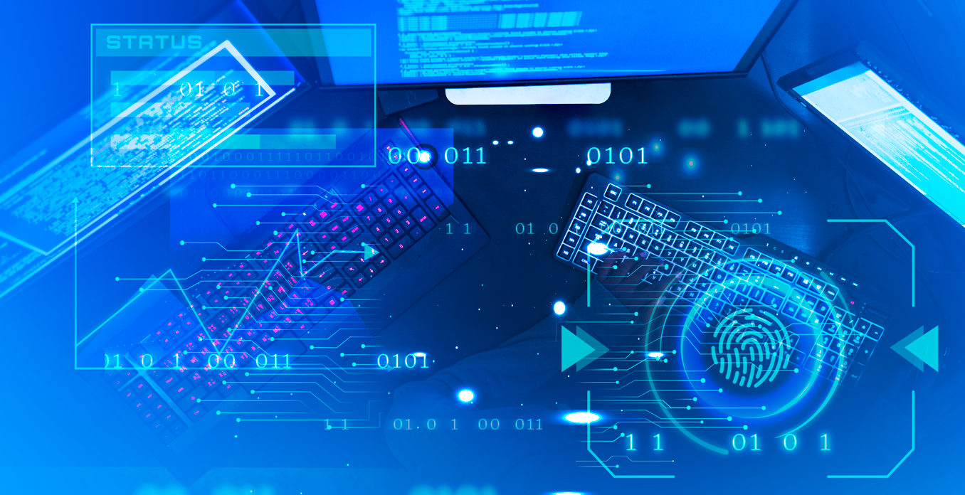 random elements linked to research and the digital world in white on a blue background