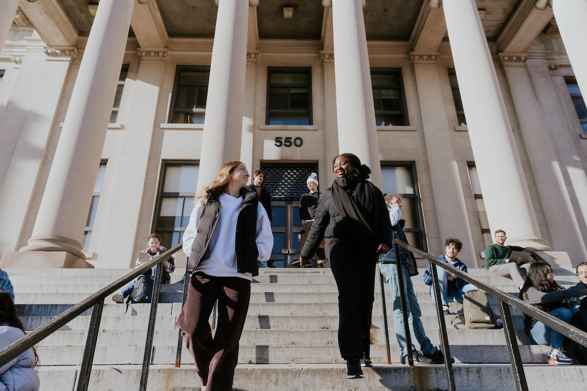 Students walking out of Tabaret Hall