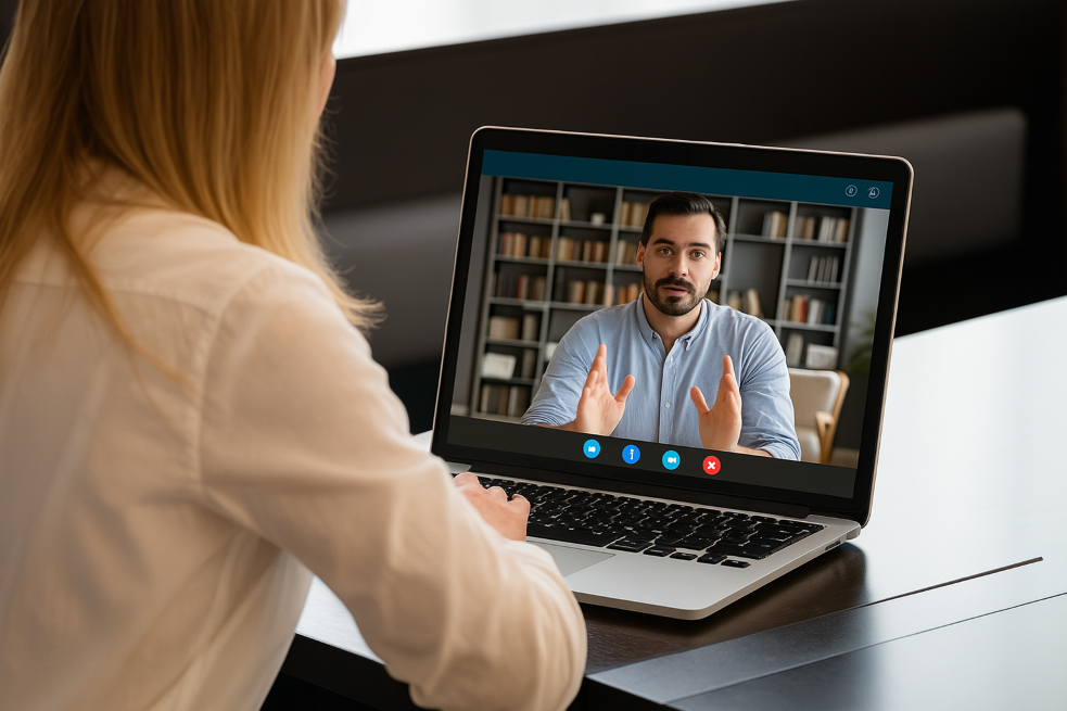 Woman listening to a man talk on a laptop screen