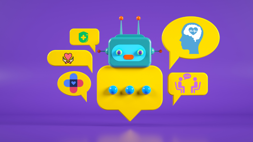 A colorful chatbot with health symbols and speech bubbles, representing mental and physical health support and advice.