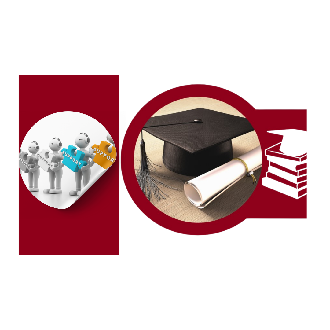 A red and white illustration of a graduation cap and diploma, conveying the theme of defence and graduation, with 3 support staff icons.