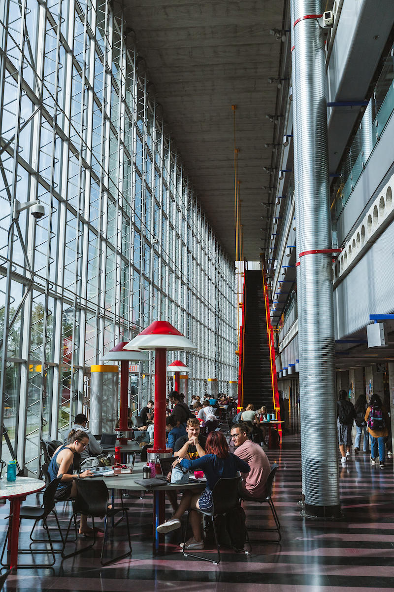 Students studying in lobby of SITE building.