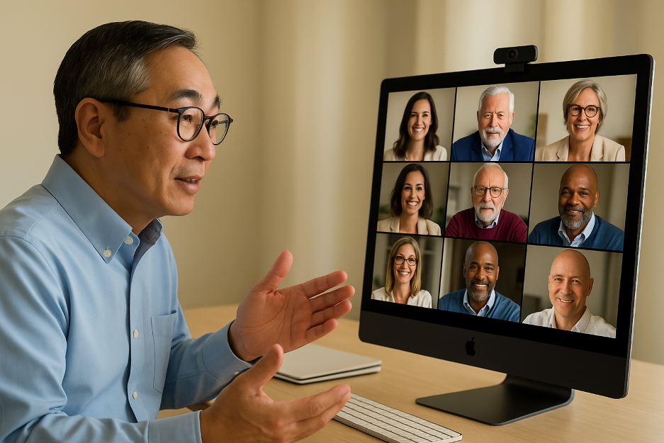 Man talking on a virtual call to a group of people