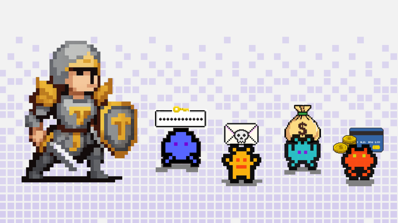 female knight preparing for battle against cyberthreats represented by 4 computer virus characters holding a password field, scam email, money bag and credit card