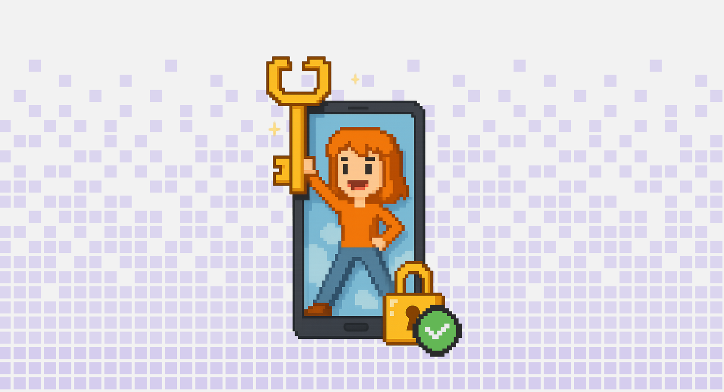 person in smartphone frame holding key with a checkmark and lock at the bottom corner to represent password management