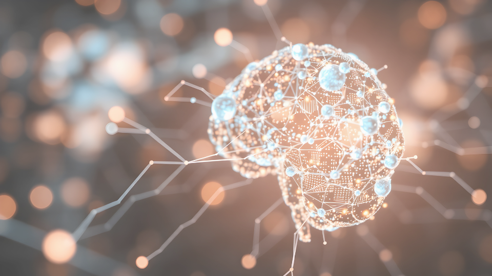 A brain illustration covered with colorful dots, symbolizing neural connections or cognitive activity.