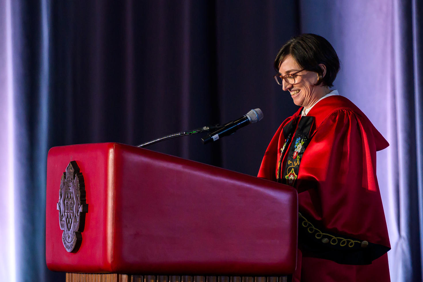 Marie-Eve Sylvestre speakig on stage during the Installation ceremony