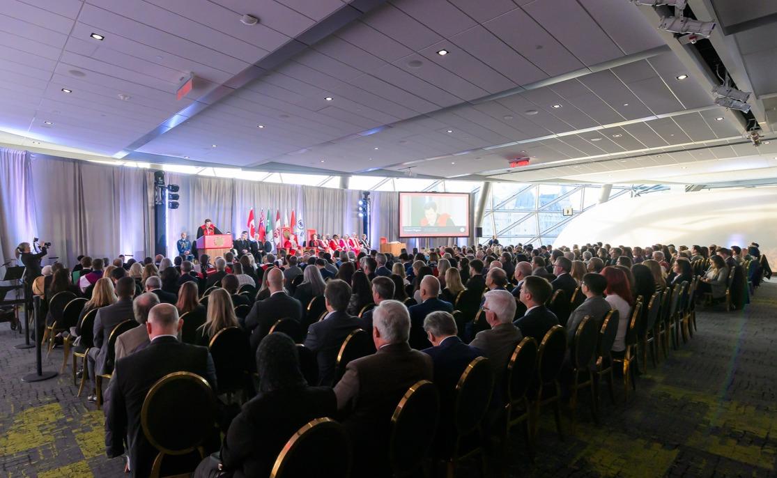 Room full of attendees at the installation ceremony of incoming president of the University of Ottawa, Marie-Eve Sylvestre.