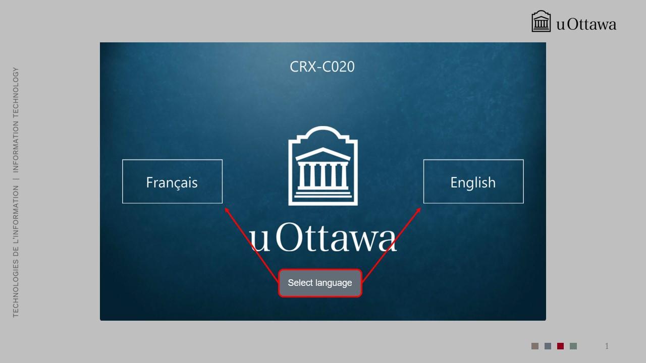 Language selection screen with options to start in French or English. 