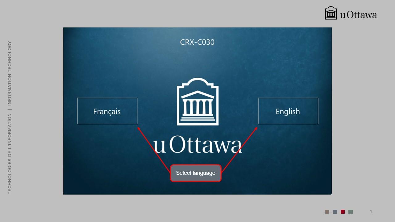 Language selection screen with French and English options.