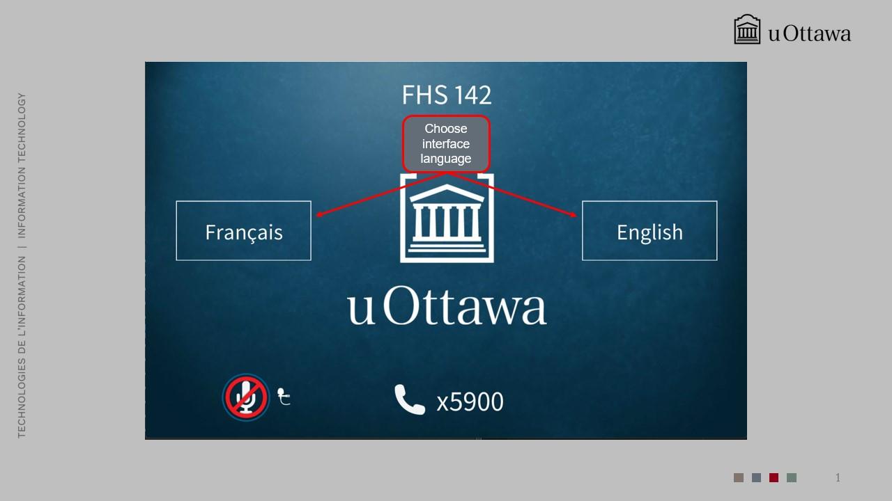 Classroom control panel home screen showing power and language options.