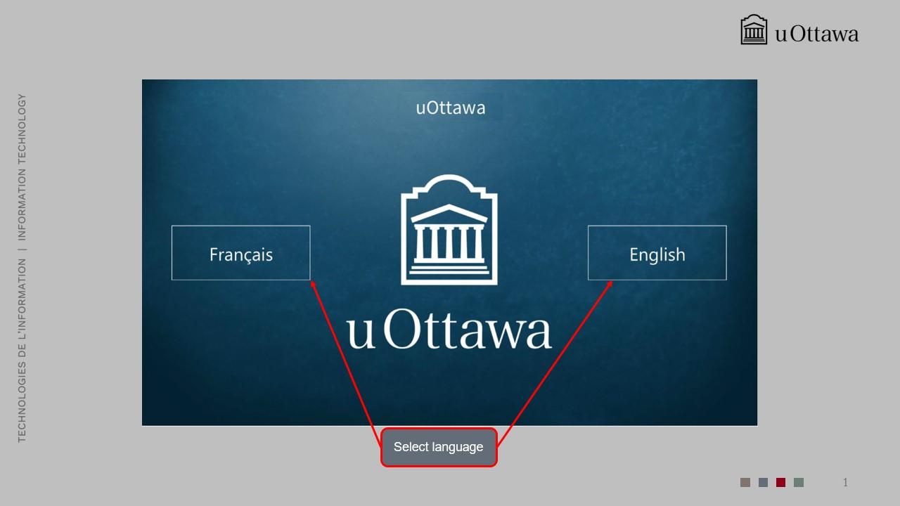 Language selection screen with options to start in French or English.
