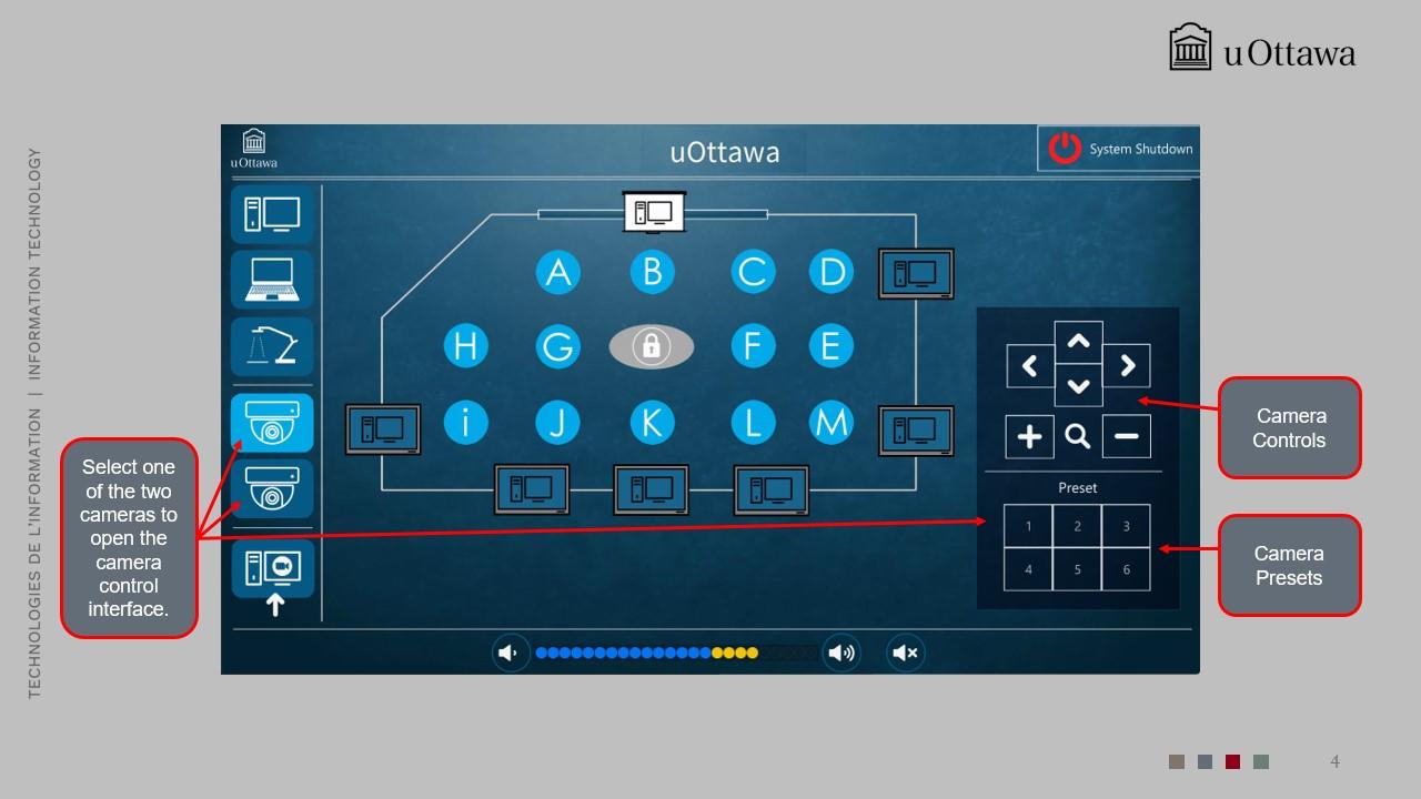 uOttawa classroom AV camera control interface showing student stations and room displays, with options to select a camera and adjust camera controls or presets.