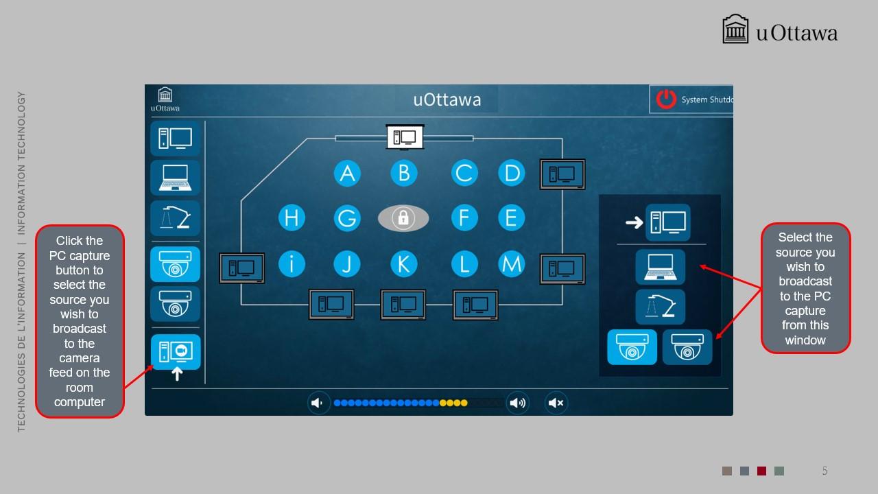 uOttawa classroom AV PC capture interface showing student stations and room displays, with options to select and broadcast a source to the room computer.