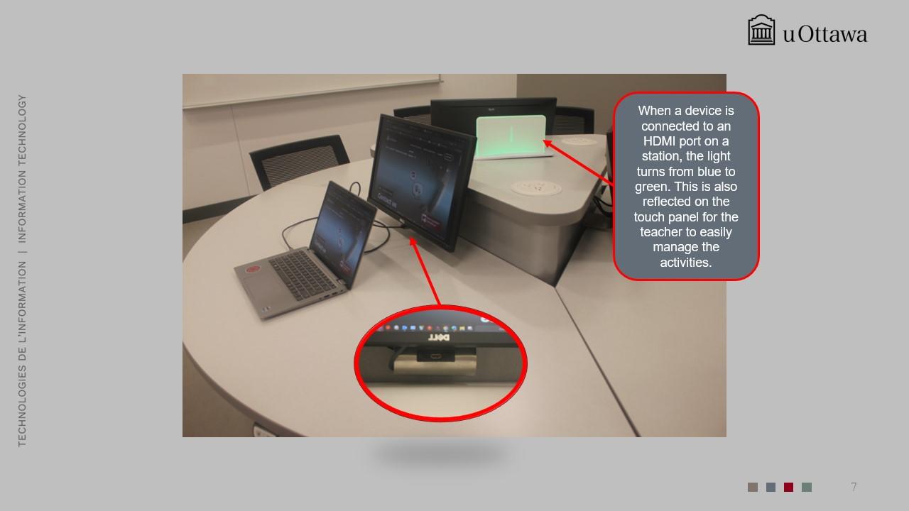 Classroom workstation with a laptop connected to a monitor and HDMI hub, showing a green light indicating an active HDMI connection.