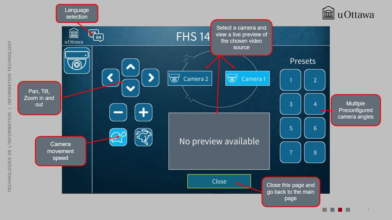 Camera control screen with pan, tilt, zoom controls and presets