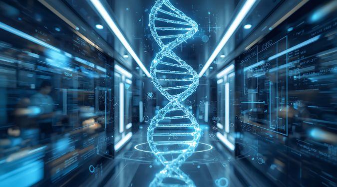  futuristic rendering of a double helix DNA strand, illuminated in a bright blue glow, situated at the center of a long, narrow, high-tech corridor with walls displaying data displays. The corridor has bright overhead lights and digital readouts on the walls, and the DNA structure is centered on a light-up ring