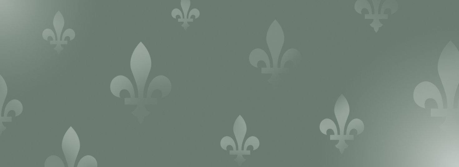 Decorative image of the Fleur de Lys repeated on a green background