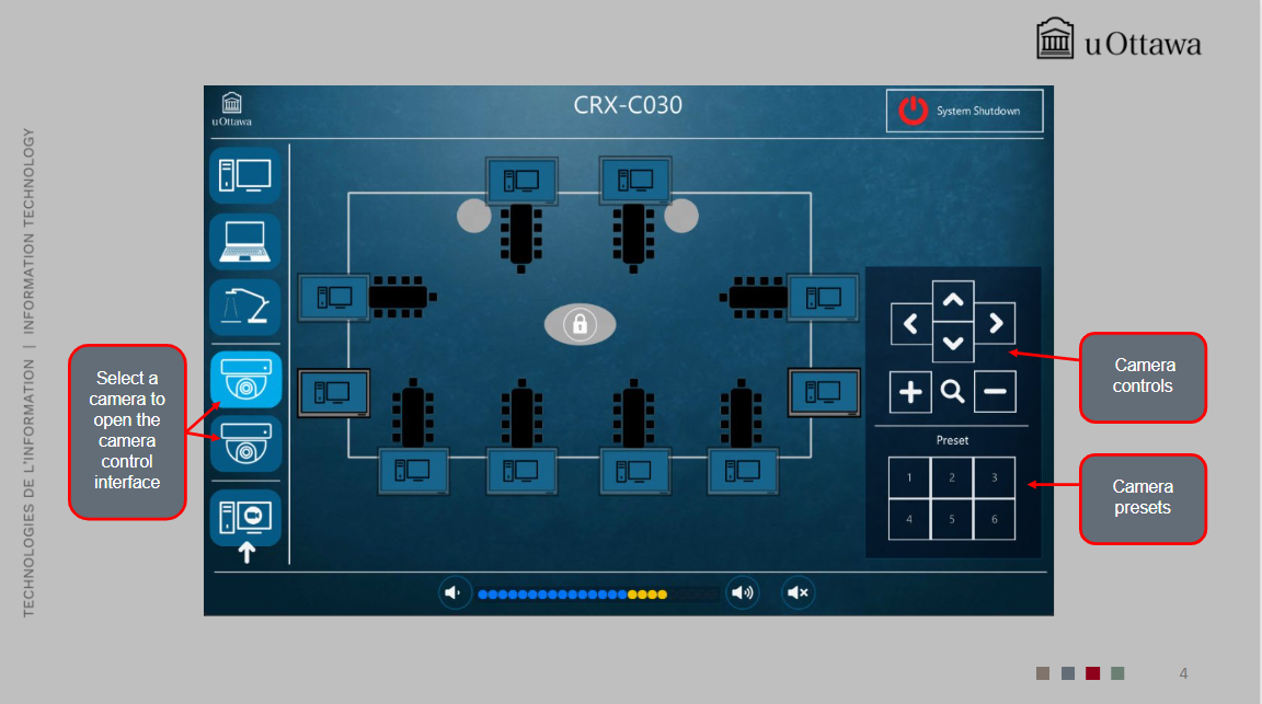 Classroom display with AirMedia, Privacy Mode, projector, and camera options. 
