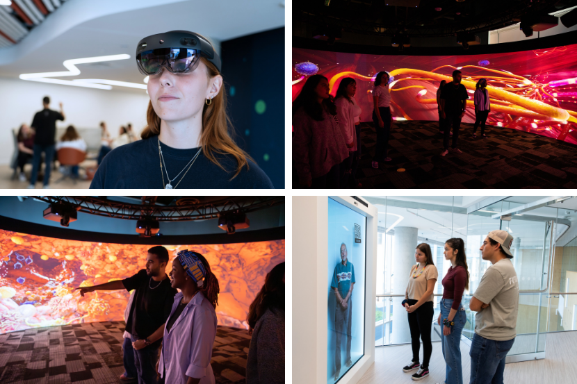 uOttawa students exploring the facilities and technology at INNOVA, including the Immersive Cylinder and the HoloLens