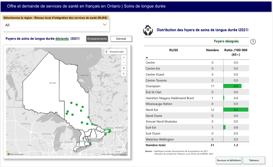 Map of Ontario showing locations of designated long-term care homes; table lists home ratios per 100,000 people aged 65+ by region for 2021, with Champlain having the highest ratio.