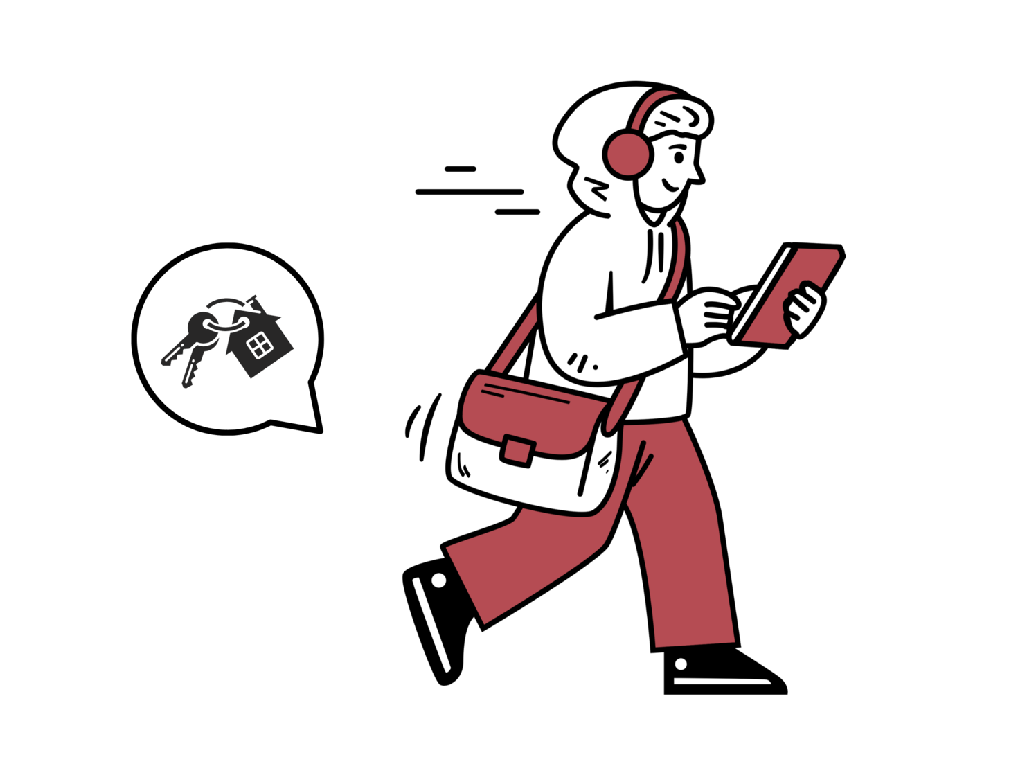 Person walking while looking at a tablet, wearing headphones and a crossbody bag, with keys floating behind them.