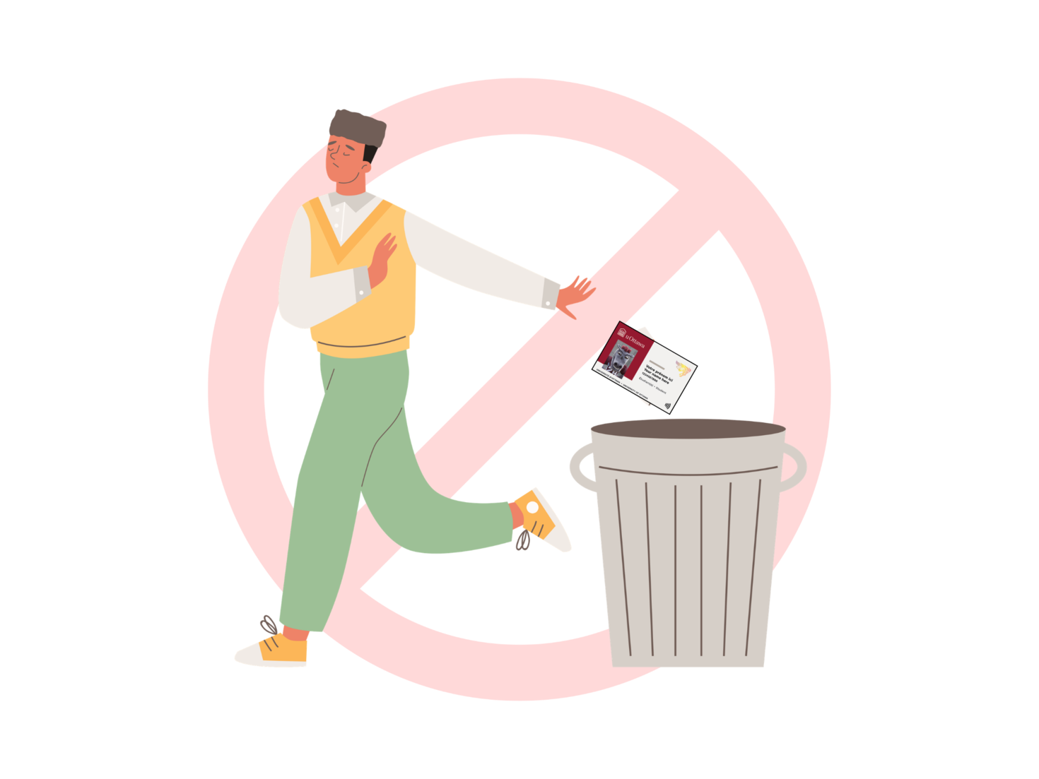 Person stopping themselves from throwing a card into a trash can