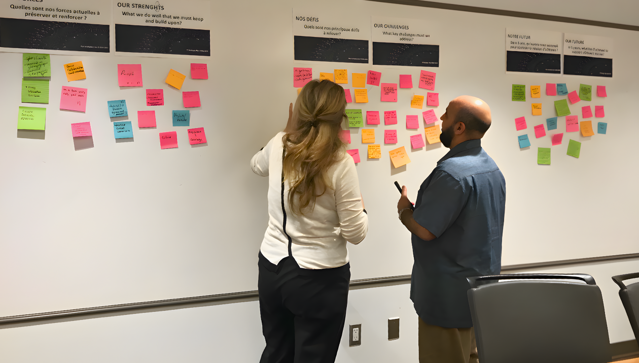 Two individuals stand in front of a whiteboard covered in colorful sticky notes, engaged in a brainstorming session