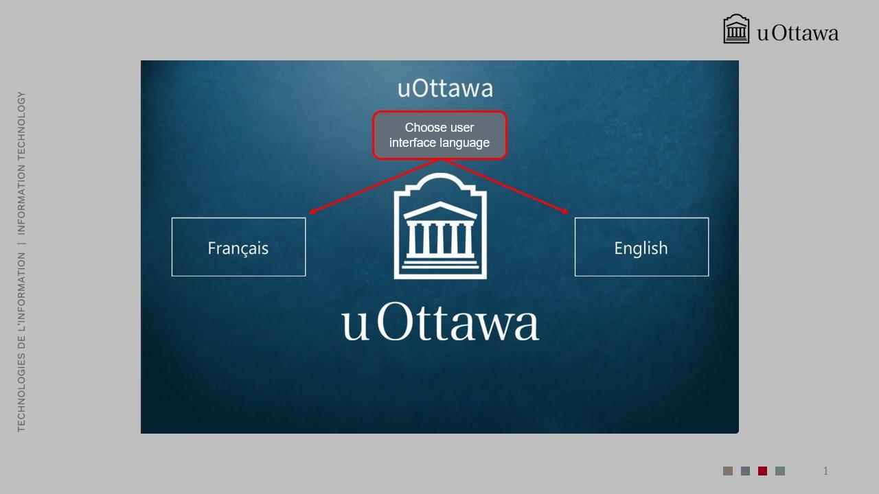 Language selection screen with options to start the system in French or English.  