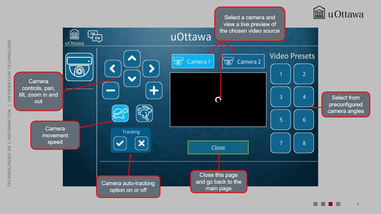 Camera control interface showing a live video preview, camera selection, pan-tilt-zoom controls, auto-tracking on/off, movement speed settings, preset camera angles, and a close button to return to the main screen.