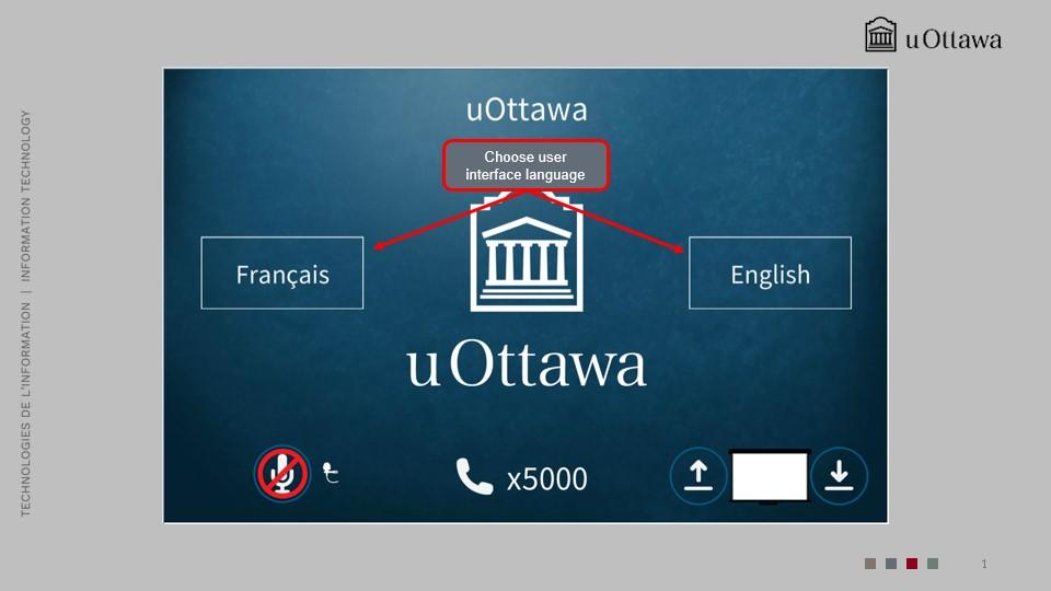  Language selection screen with options to start in French or English.