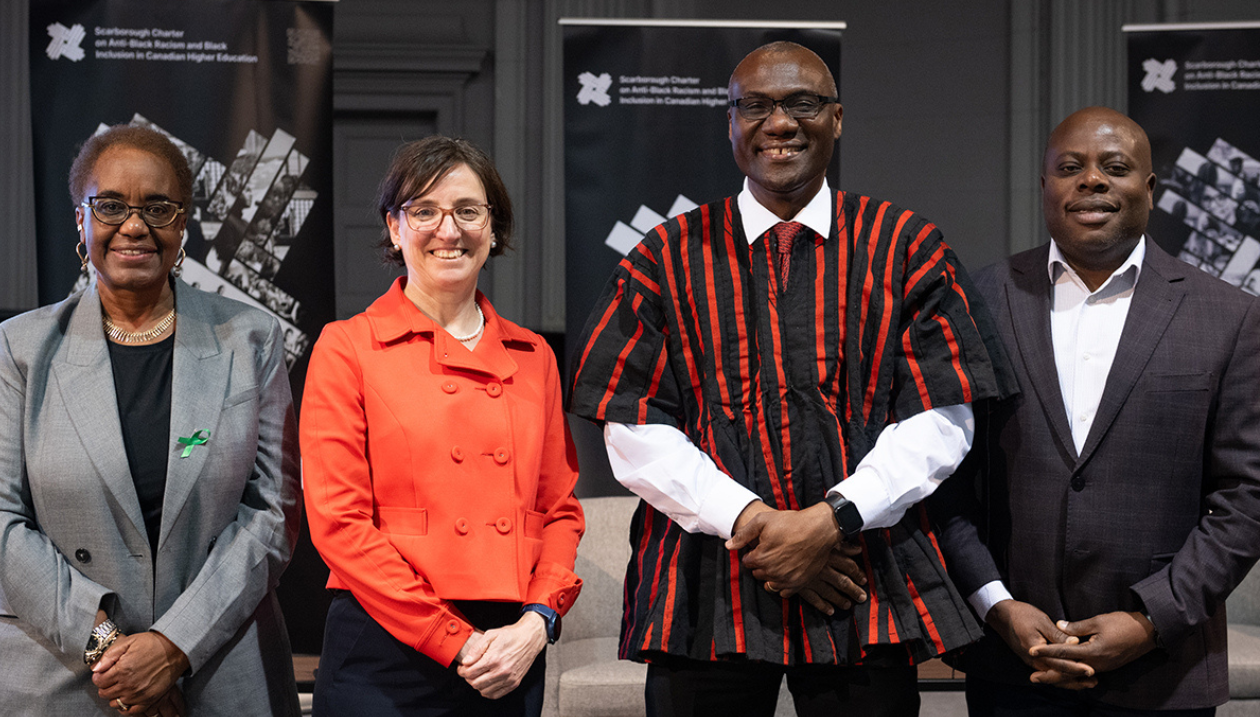 From left to right: Malinda Smith (associate vice-president research (equity, diversity and inclusion) at the University of Calgary), Marie-Eve Sylvestre (president and vice-chancellor of the University of Ottawa), Wisdom Tettey (president and vice-chancellor of Carleton University), John Ariyo (executive director, Scarborough Charter Secretariat).