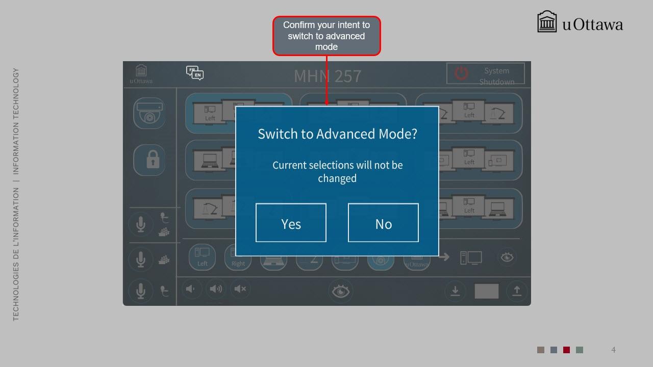 Pop-up to switch to advanced mode, warning that current selections will not change.
