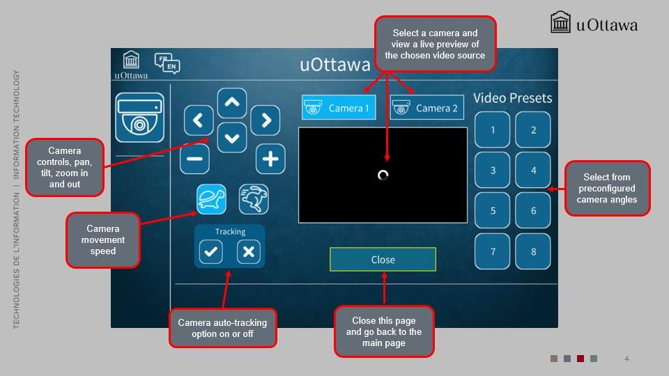 Camera control screen with options for camera angle, zoom in and out, and movement speed.