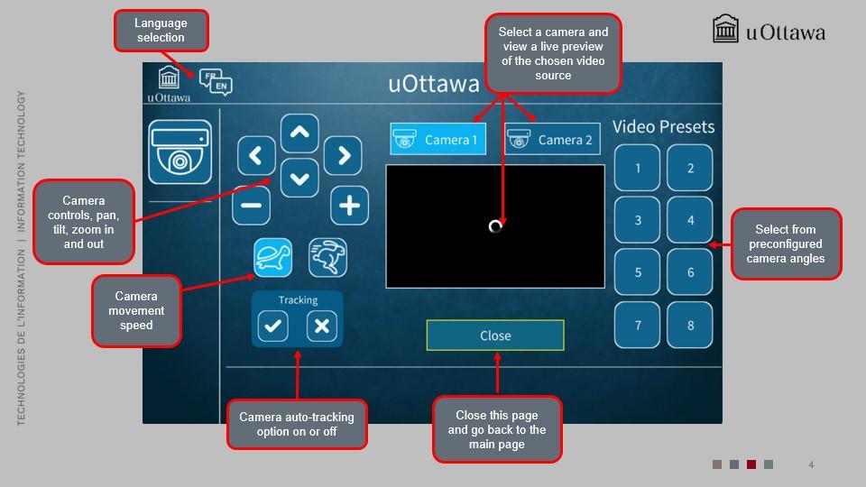  Camera control screen with options for camera angle, zoom in and out, and movement speed.