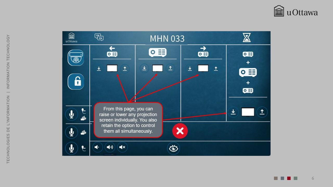 Projection screen controls showing options to raise or lower individual screens or all screens at once.