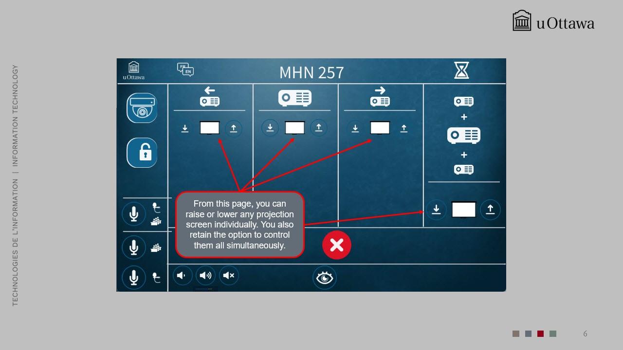 Projection screen controls to raise or lower individual screens or all screens simultaneously. 