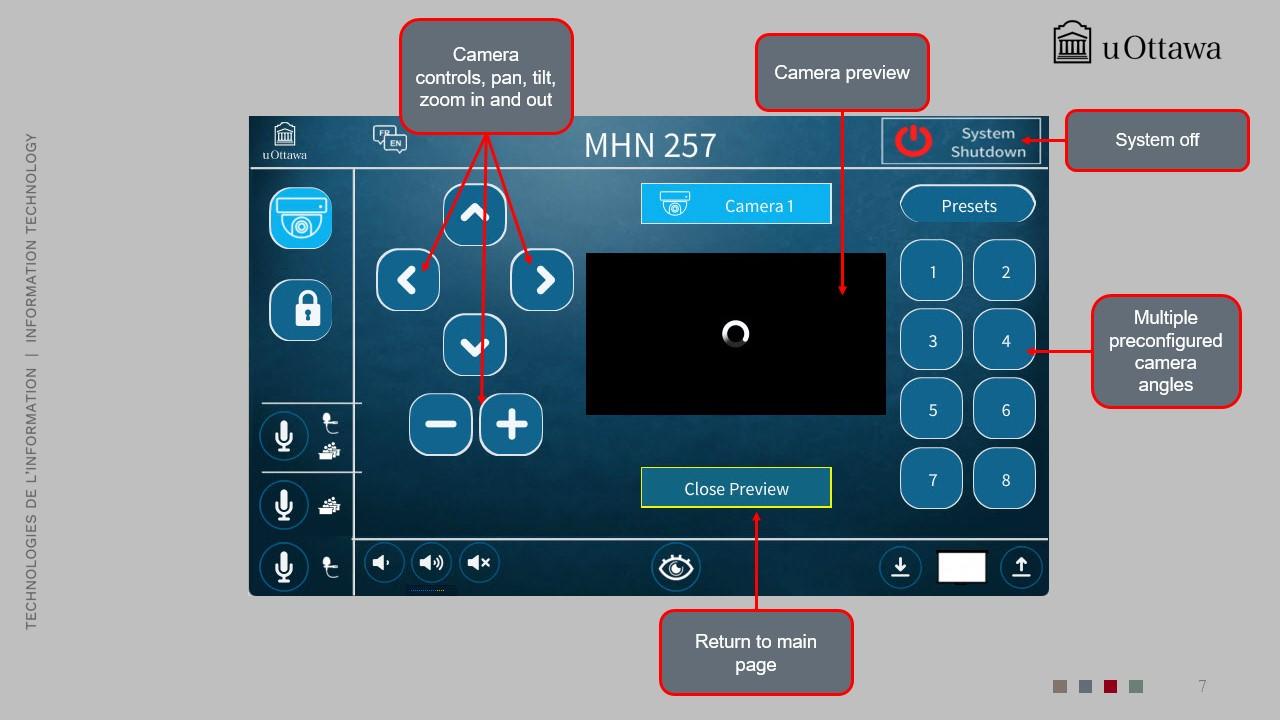 Main interface page showing camera presets, live camera preview, and display selection.