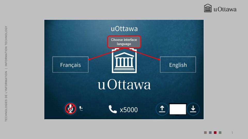  Language selection screen with options to start in French or English.