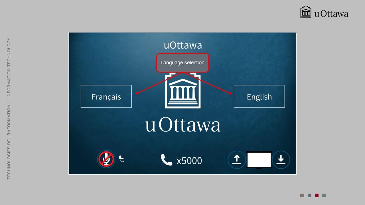 Language selection screen with options to start in French or English.