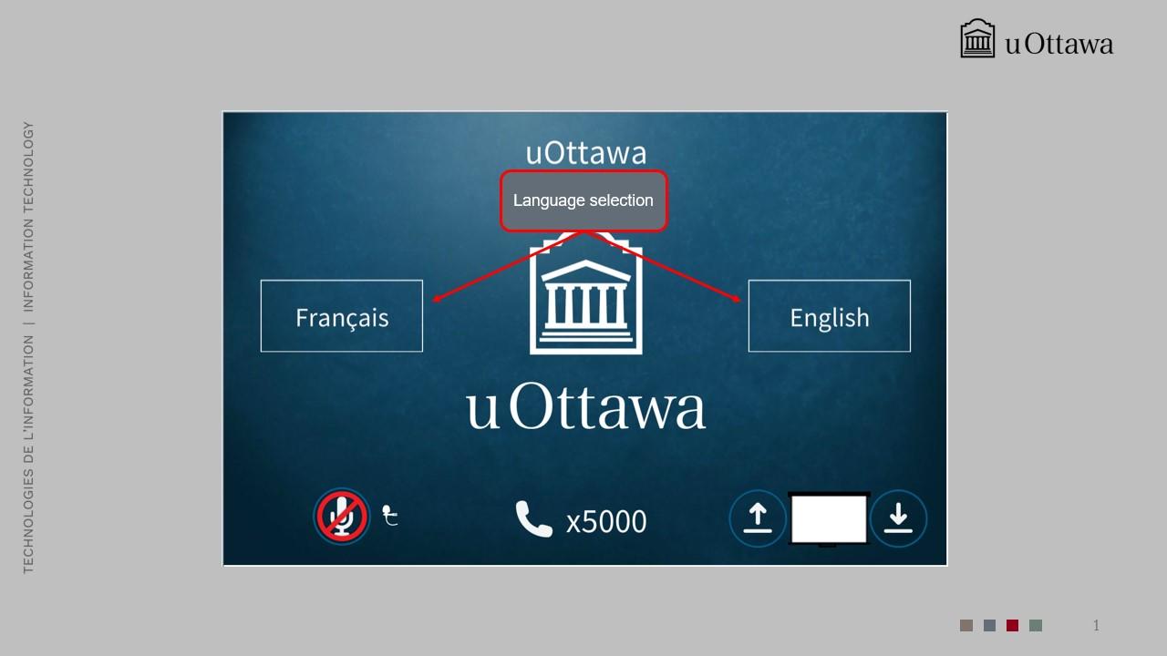 Language selection screen with options to start in French or English.